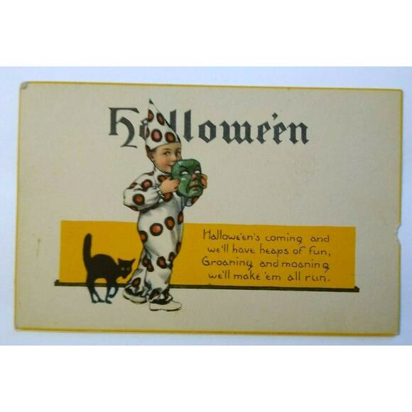 Halloween Postcard Nash Series 38 Unused Green Face Mask Boy In Costume - Picture 2 of 5